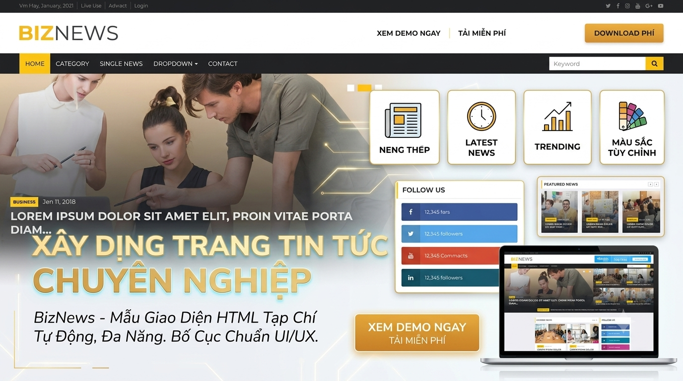 BizNews - Mẫu Giao Diện HTML Trang Tin Tức, Tạp Chí Đa Năng